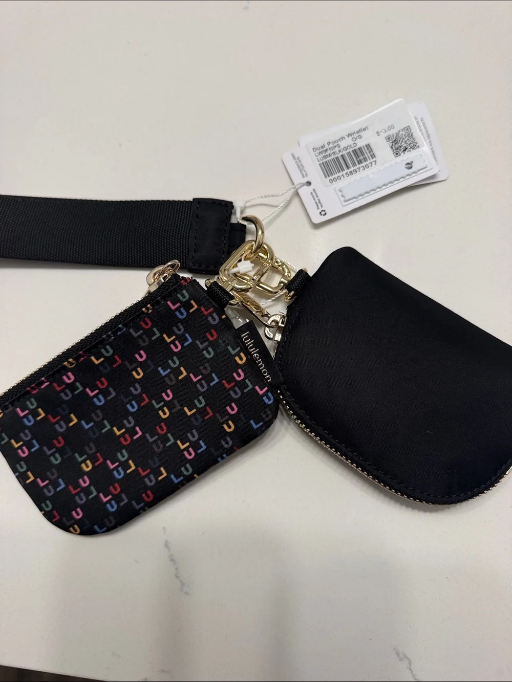 lululemon dual pouch wristlet keychain - black with gold hardware